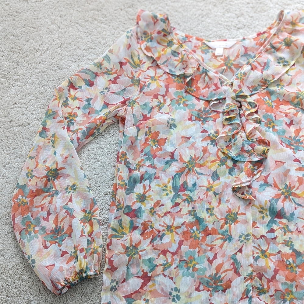Lauren Conrad multi-colored chiffon blouse with floral print and ruffles XS